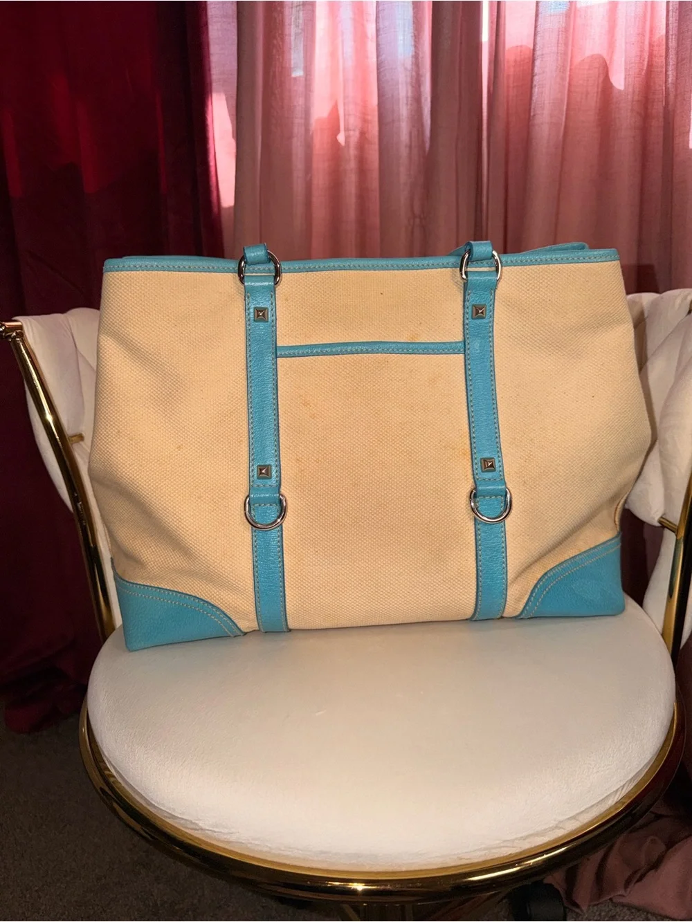 Rare Authentic Prada Canvas Tote Bag in Cream and Turquoise